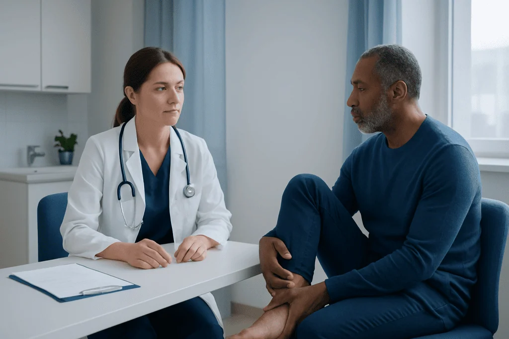 Doctor consulting with patient about foot pain and injury.