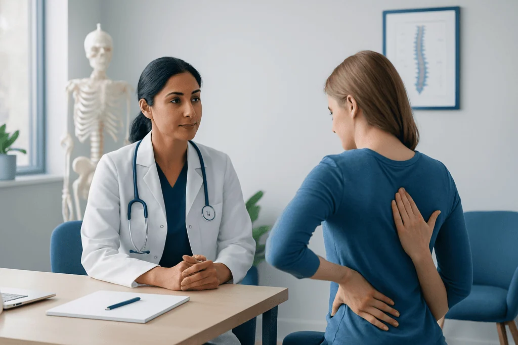 Doctor consulting with a patient about upper back pain and posture issues.