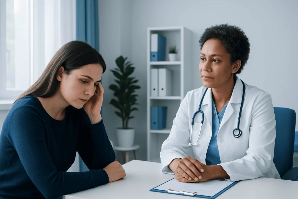 Doctor consulting with a patient about health concerns in a medical office.