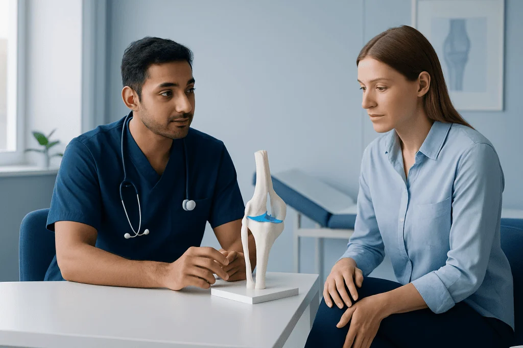 Doctor explaining knee anatomy to patient with knee model in clinic.