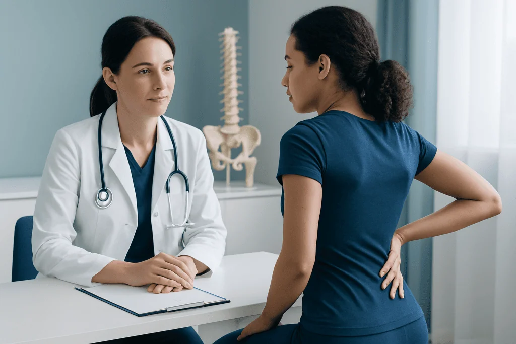 Doctor consulting with patient about back pain and spinal health.