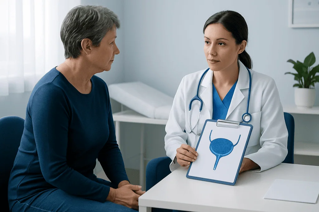 Urologist consulting with a patient about bladder health in a medical office.