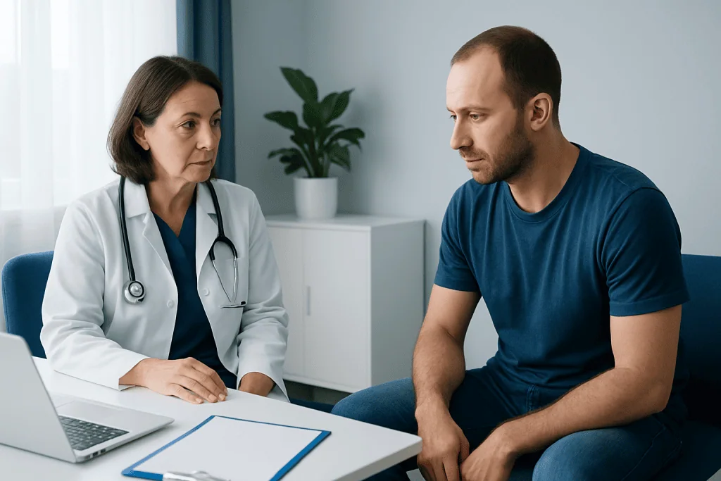 Doctor consulting male patient in a medical office setting.