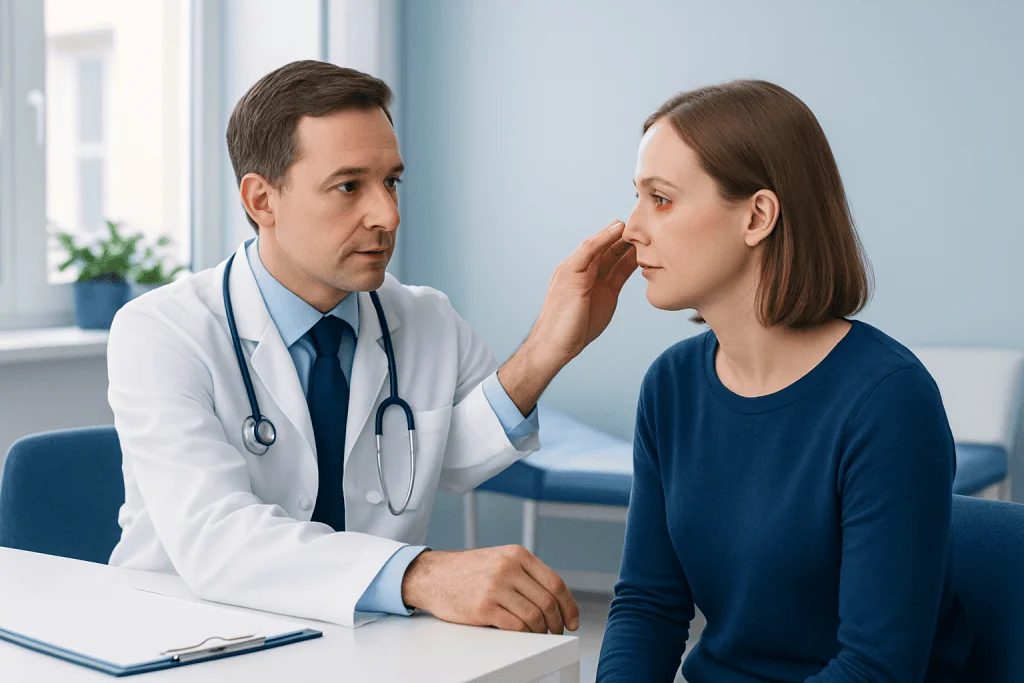 Ophthalmologist examining a patient's eye in a clinical setting.