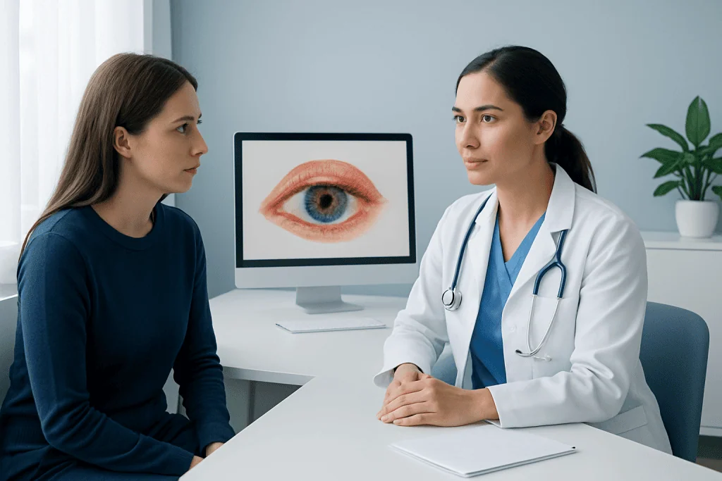 Ophthalmologist consulting patient about eye health with eye diagram on monitor.
