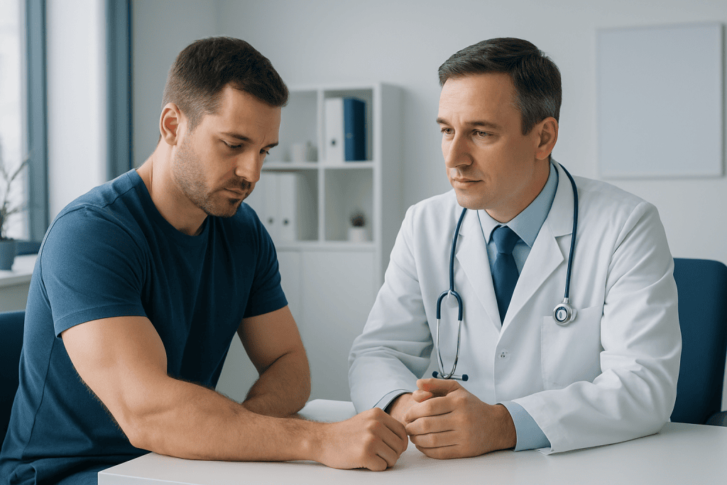 Doctor consulting with patient in a medical office setting.