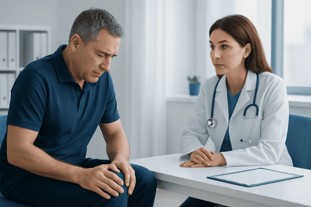 Doctor examining patient's knee for stiffness and pain.