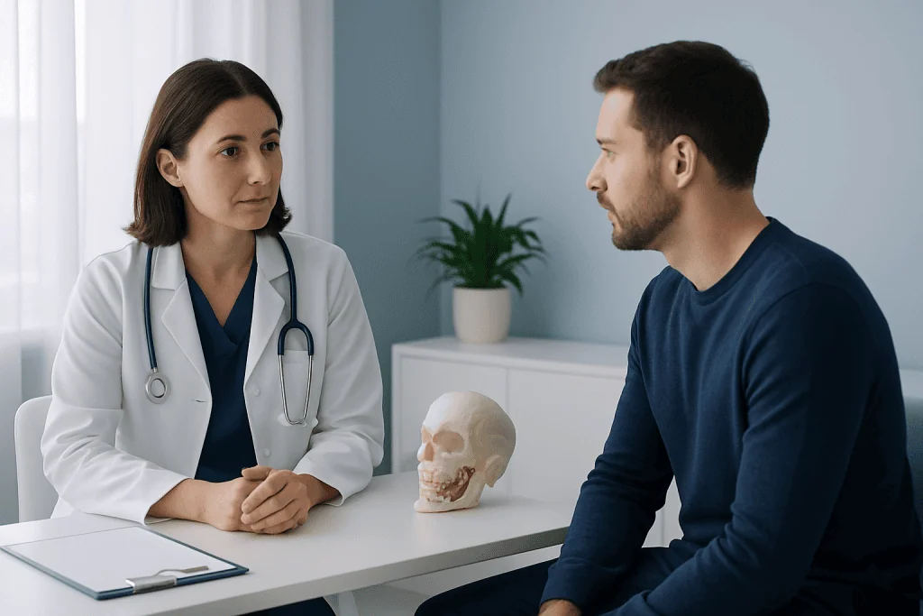 Doctor consulting with patient about jaw health and potential issues.