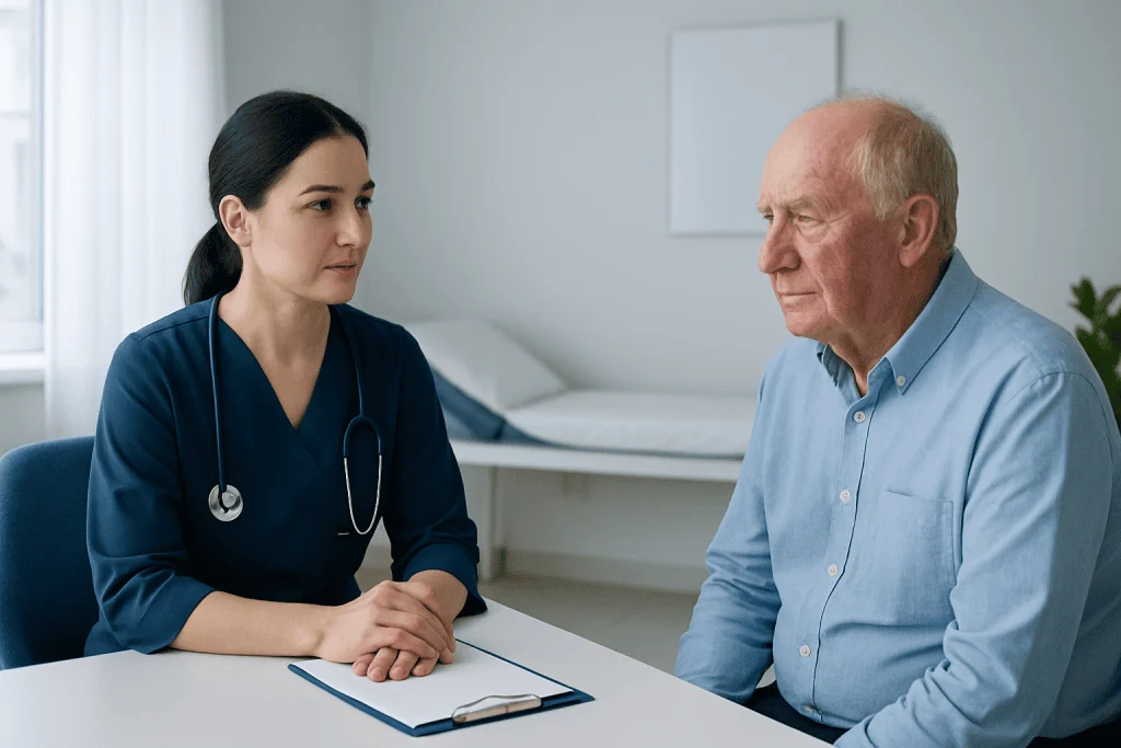 Doctor consulting with an elderly male patient in a medical office.