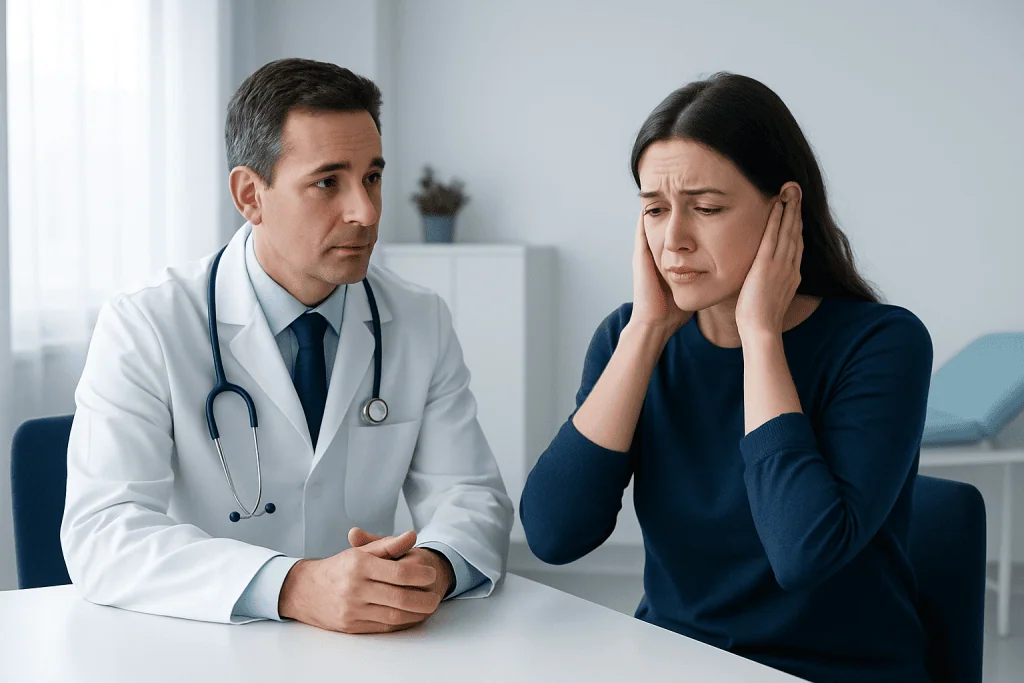 Doctor consulting with woman experiencing ear pain in a clinic setting.