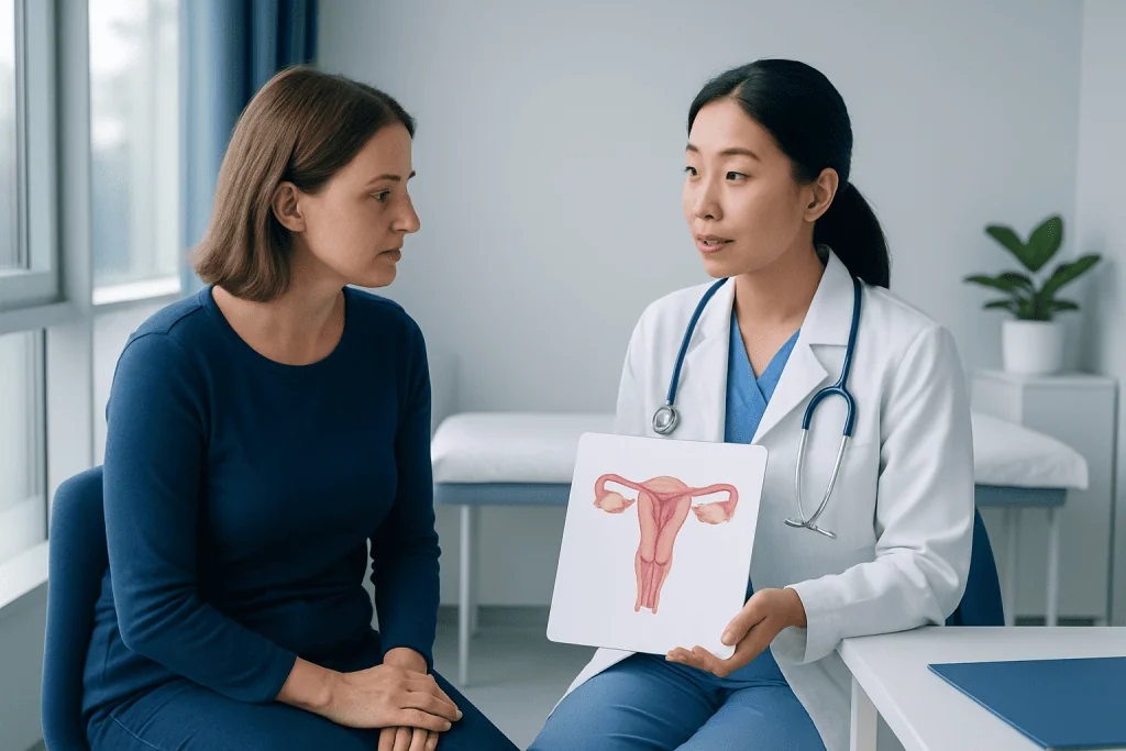 Doctor explaining vaginal health with diagram to patient in clinic.