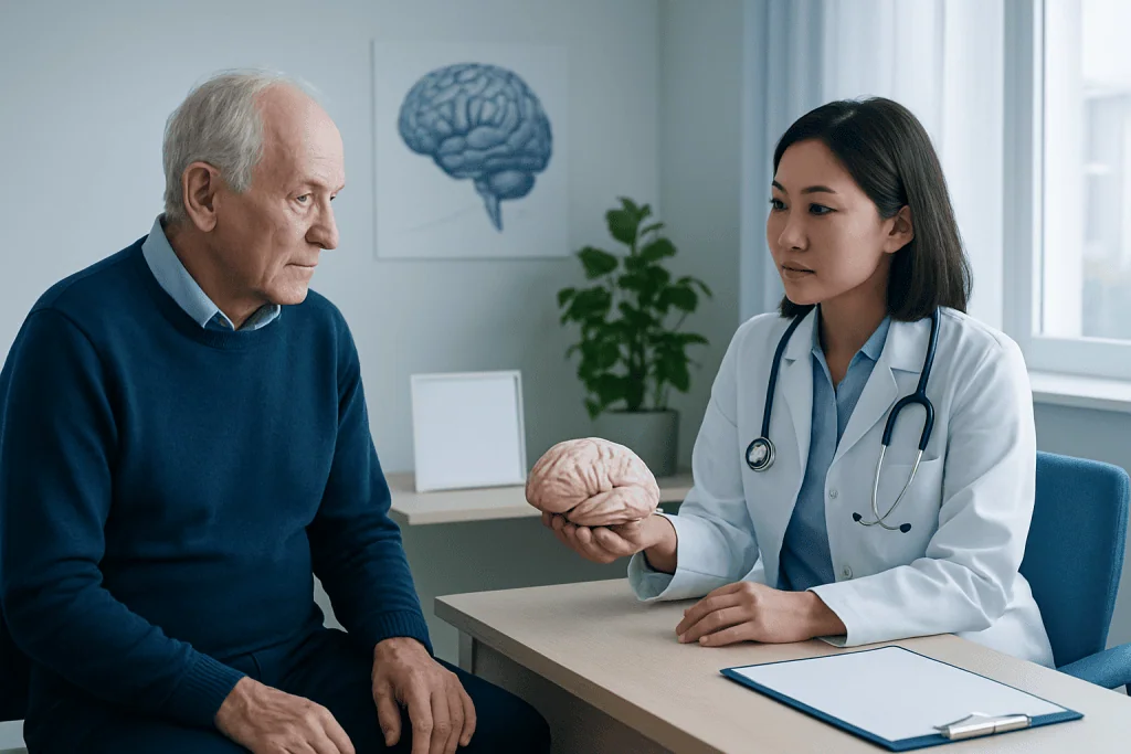 Doctor explaining brain health to elderly patient in clinic setting.