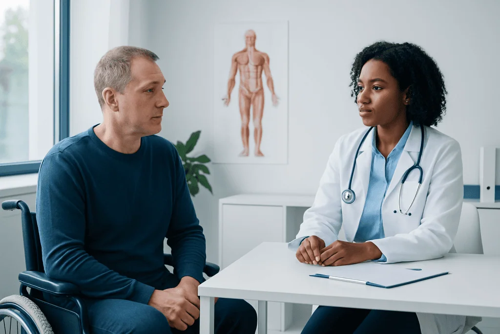 Doctor consulting with a patient in a medical office with a human anatomy poster.