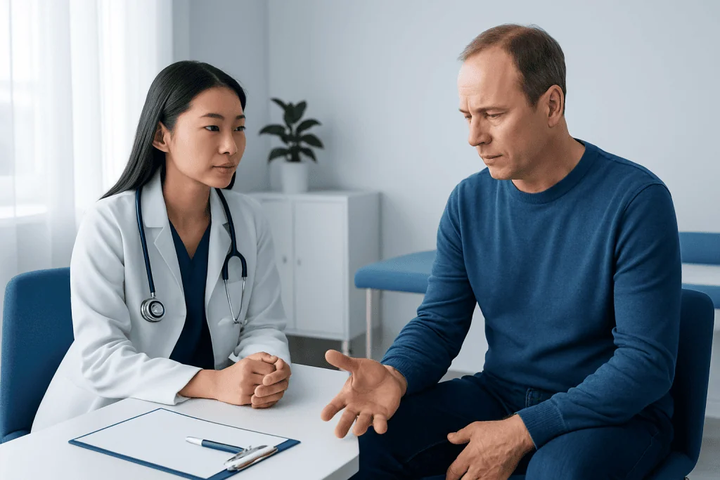Doctor consulting patient about involuntary movements in a clinical setting.