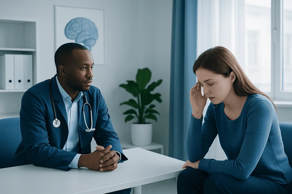 Doctor consulting with young woman about neuropsychiatric symptoms in a clinic.