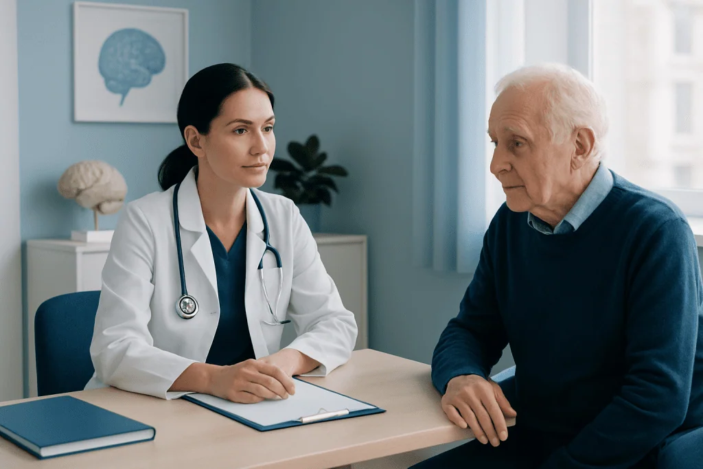 Doctor consulting elderly patient in a medical office setting.