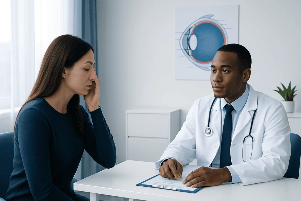Doctor consulting with a patient about eye health and disorders.