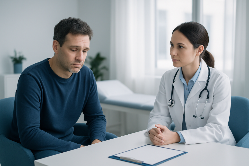 Doctor consulting with a male patient about sleep disorders in a clinical setting.
