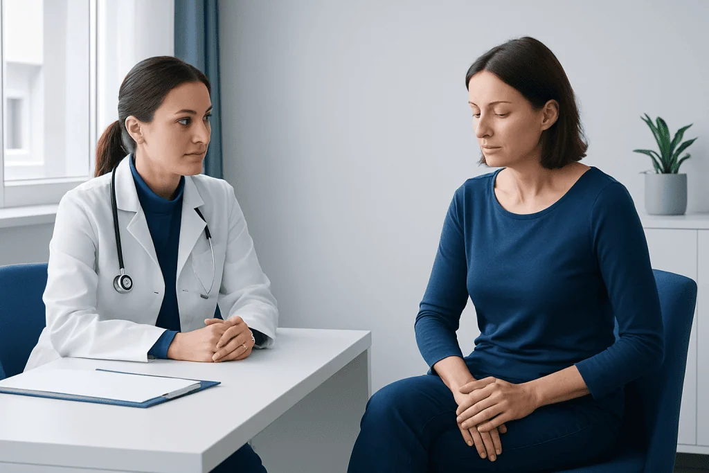 Doctor consulting patient about neurological symptoms in a clinic setting.