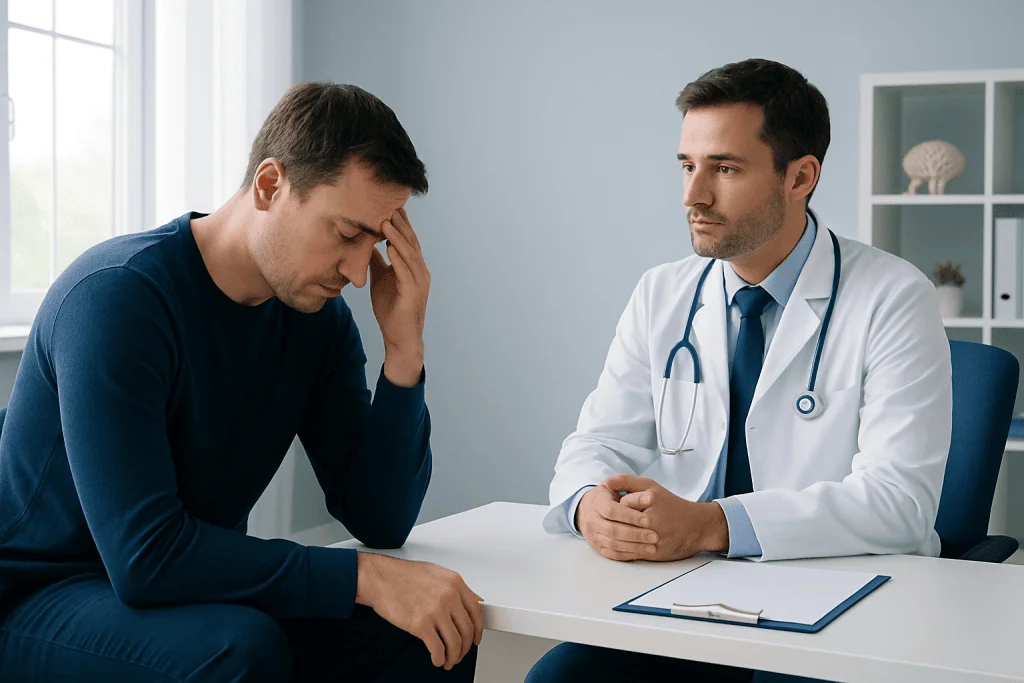 Patient consulting neurologist about sleep issues in a clinic setting.