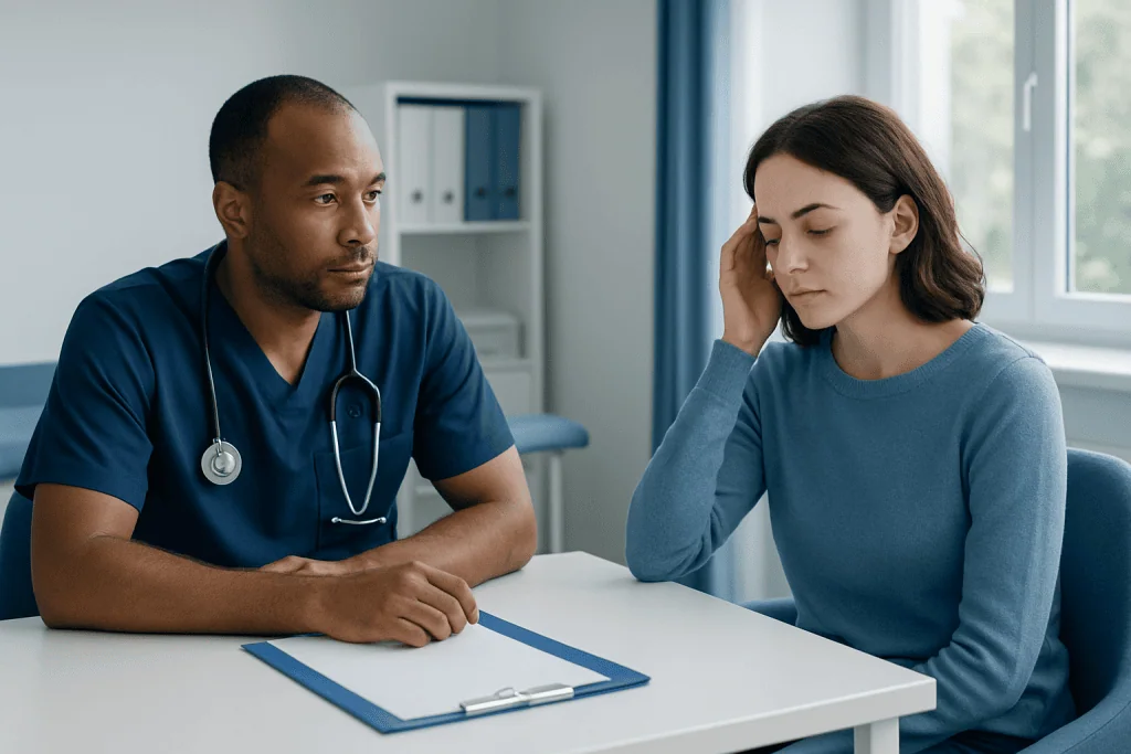 Doctor consulting with a young woman about sleep issues in a clinic setting.