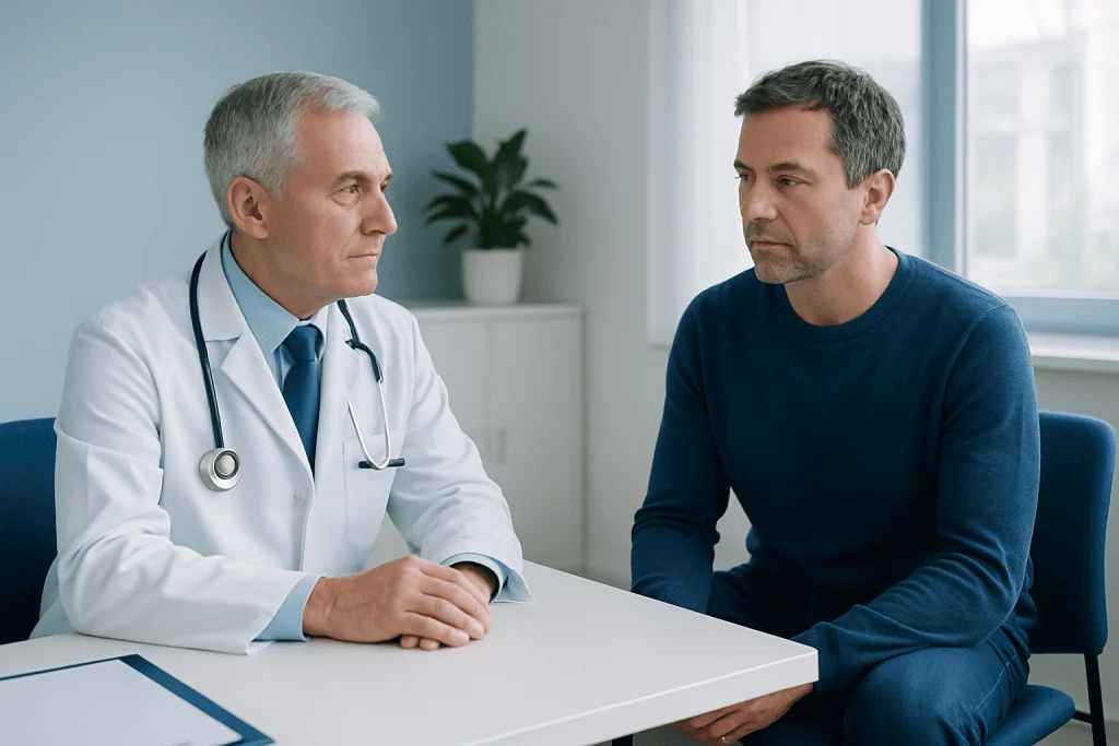 Doctor consulting with male patient in a medical office setting.