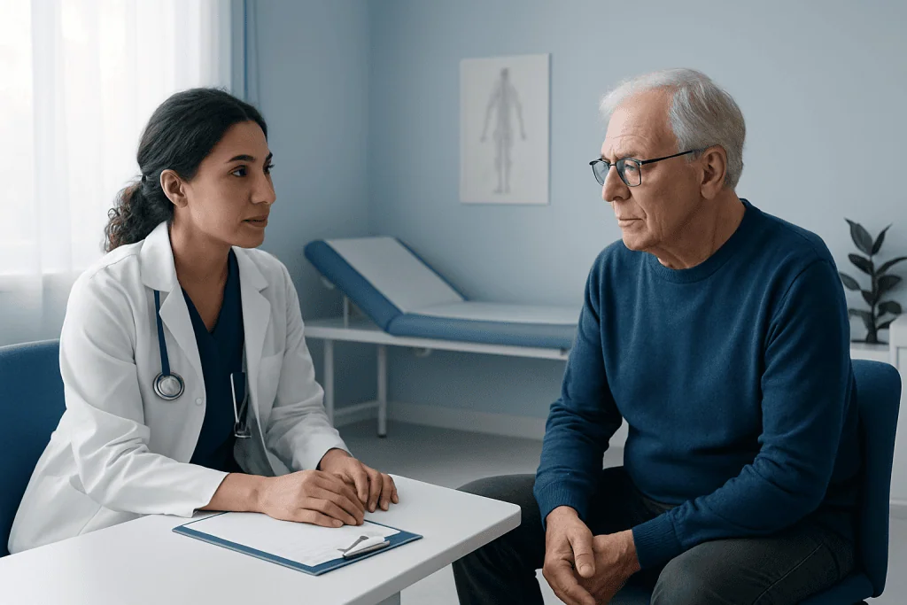 Doctor consulting with an elderly patient in a medical office.