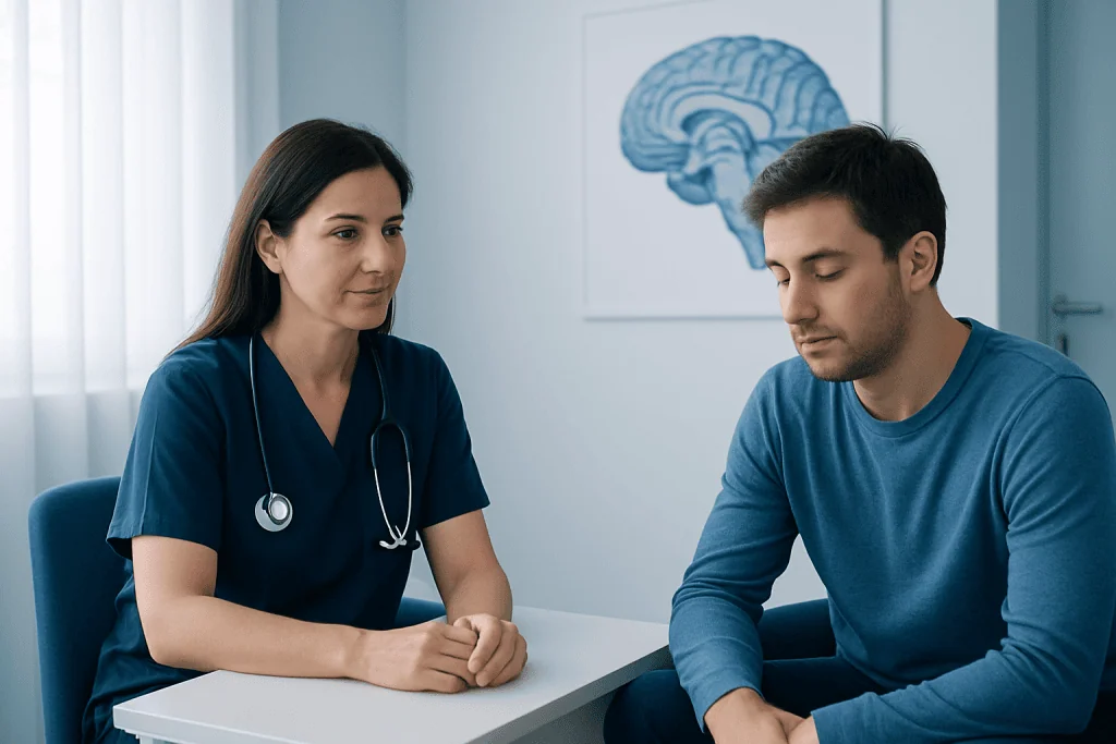 Doctor consulting patient about neurological sleep disorders in clinic.