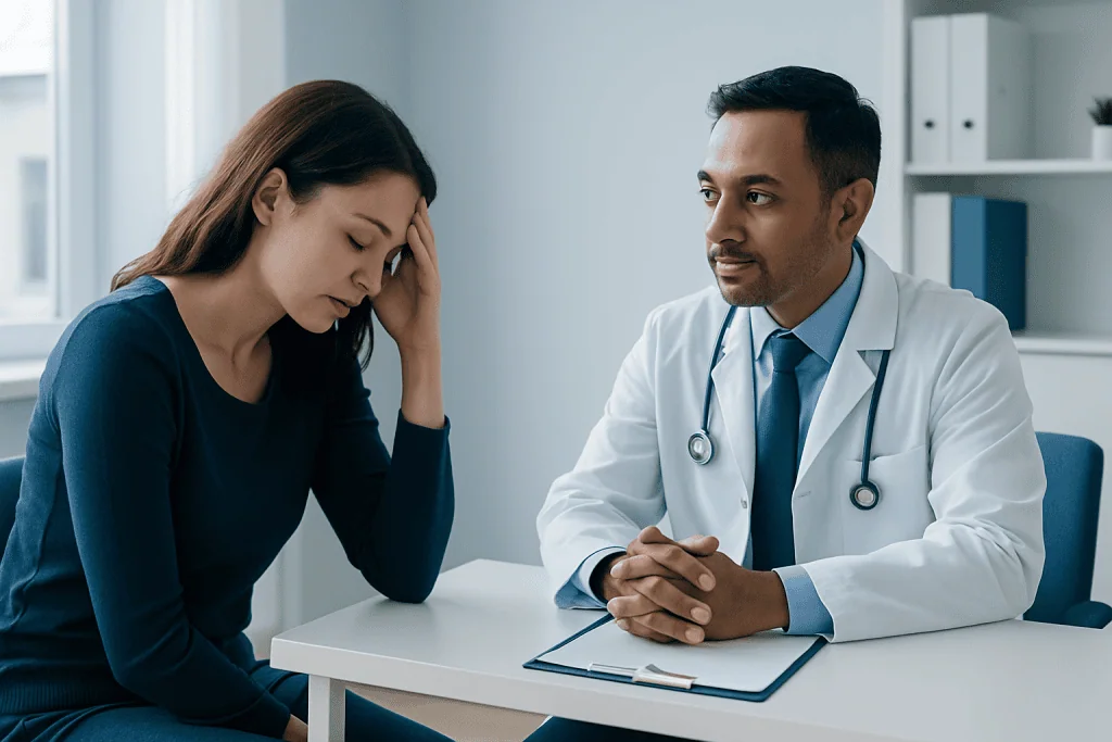 Doctor consulting with a patient about sleep issues in a clinic setting.