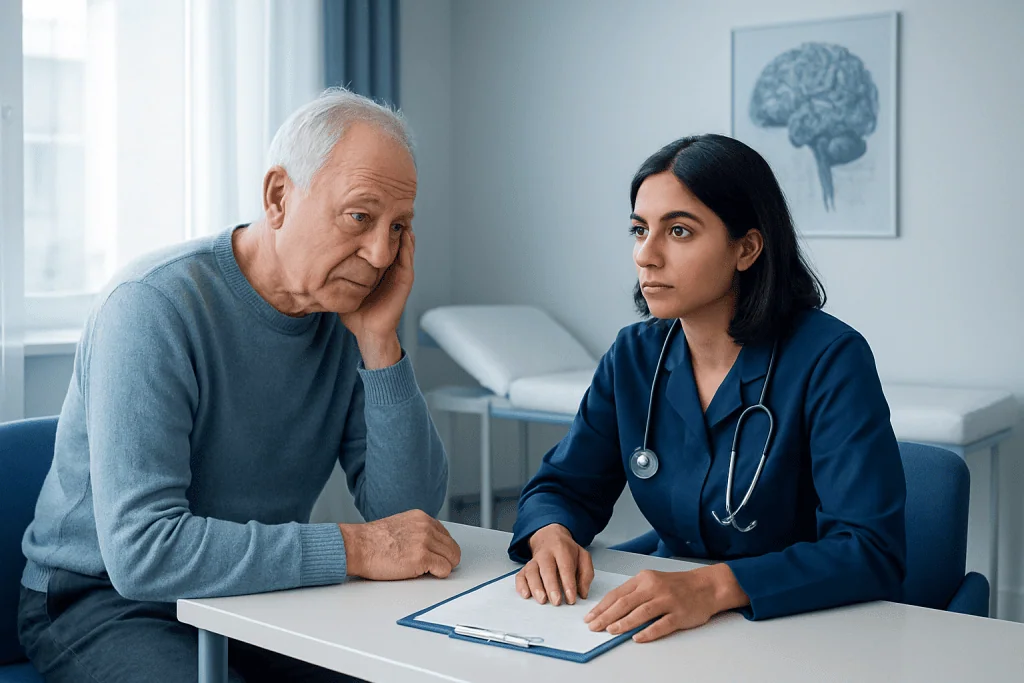 Older man consulting with a healthcare professional about memory or mood issues.
