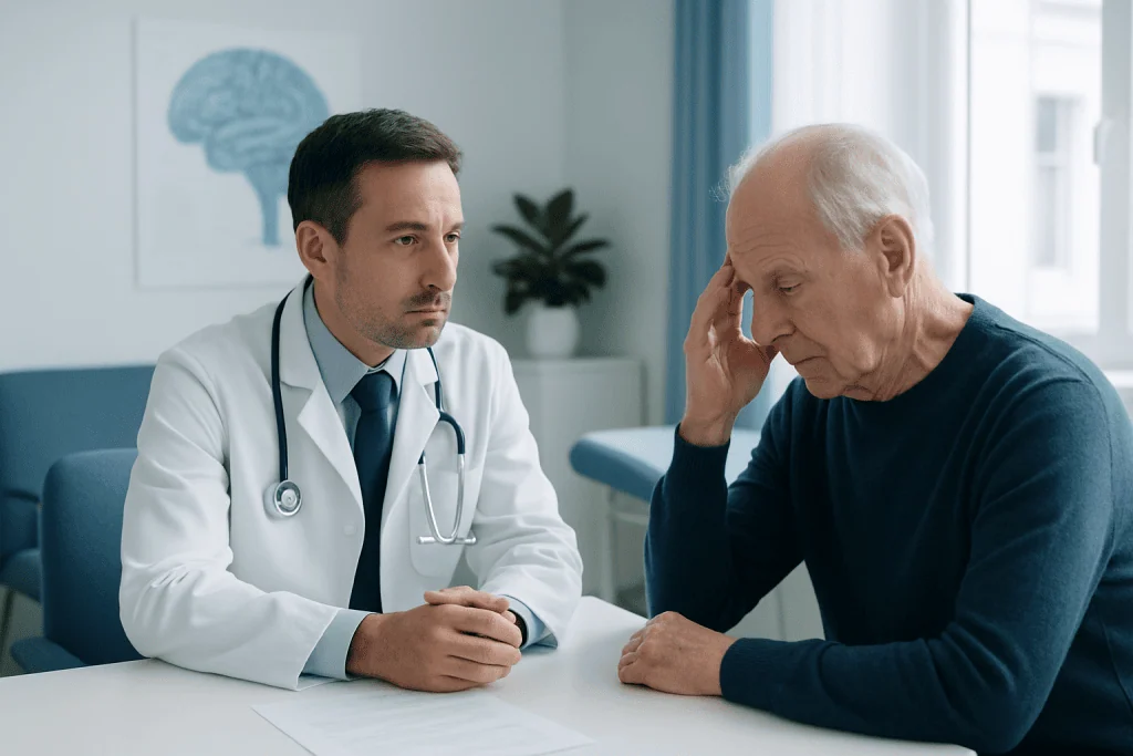 Doctor consulting with elderly patient about neurological health.