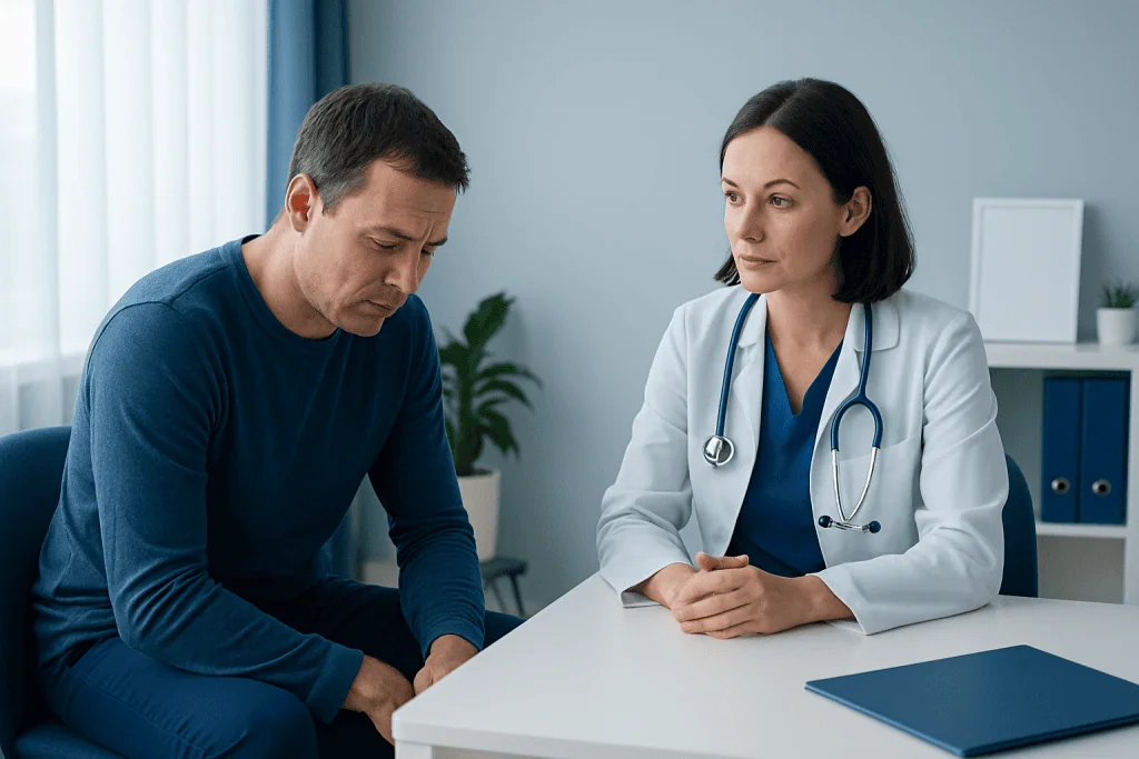 Doctor consulting with a patient about sleep disorders in a clinic setting.