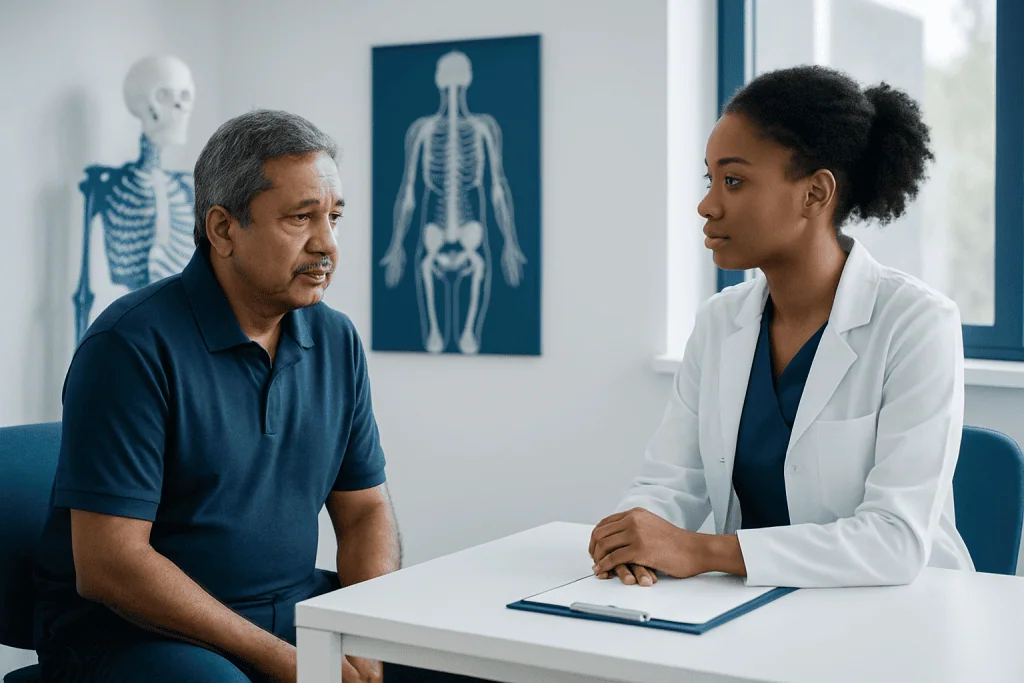 Doctor consulting with a patient in a medical office with skeleton diagrams in the background.