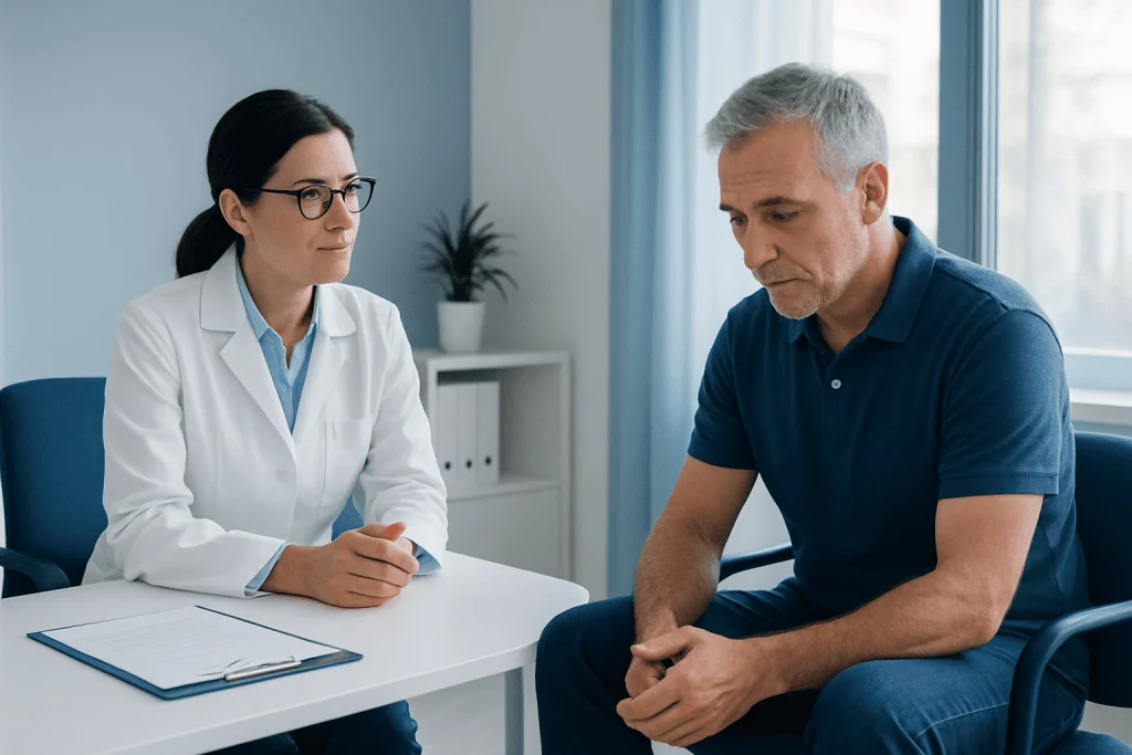 Doctor consulting with a male patient in a medical office setting.