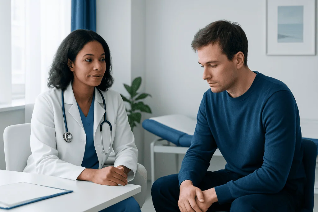 Doctor consulting with male patient in a clinical setting.