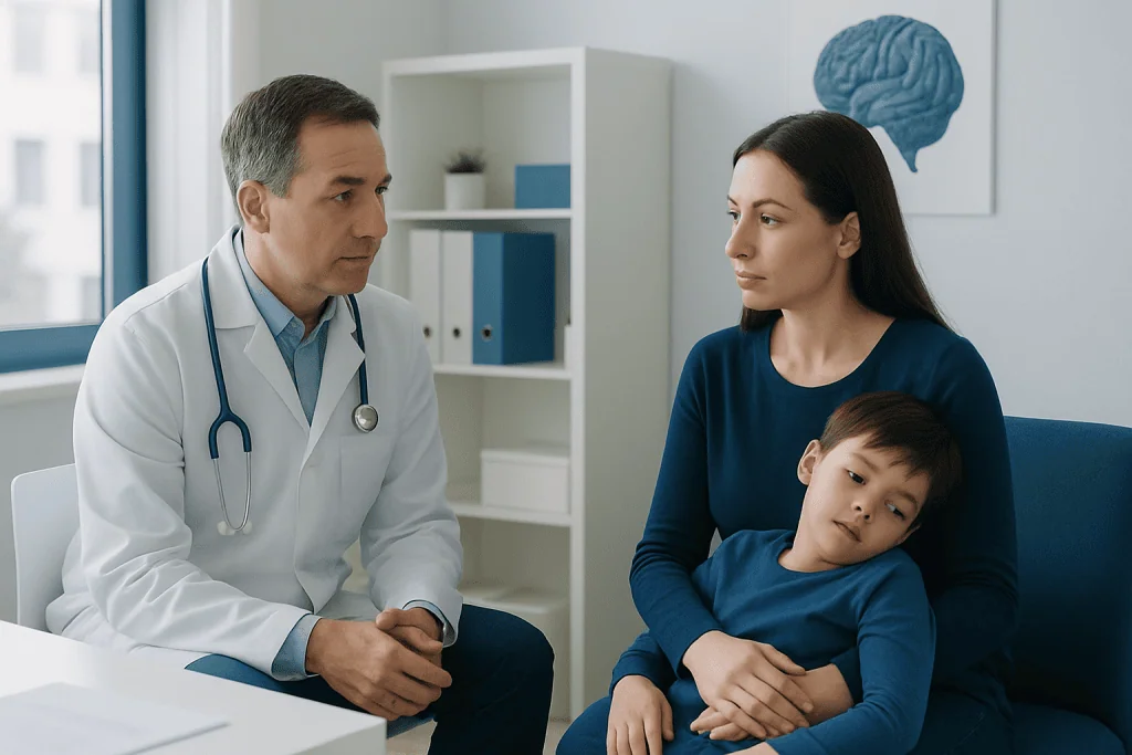 Doctor consulting with mother and child about neurological sleep issues in children.