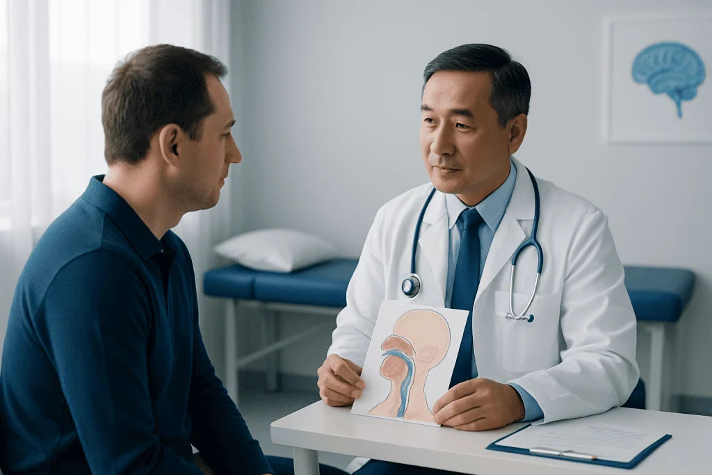 Doctor explaining neurological sleep apnea to patient with diagram.