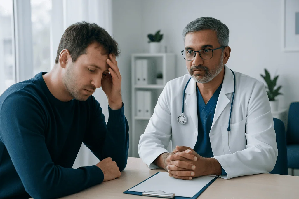 Doctor consulting with a patient about sleep behavior issues in a clinic setting.