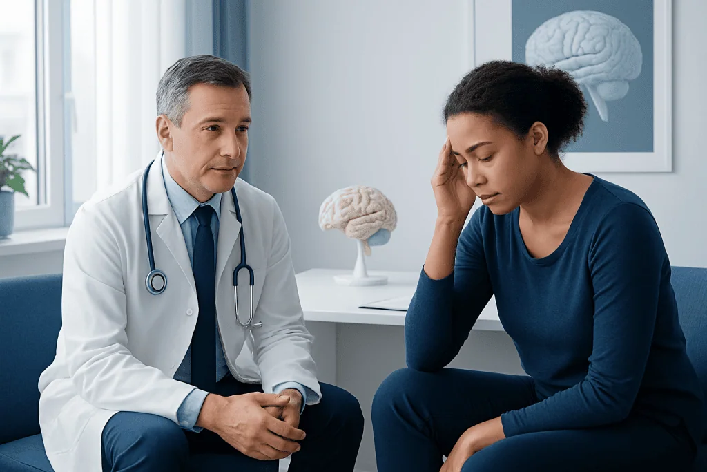 Doctor consulting with a patient about brain health and sleep issues.