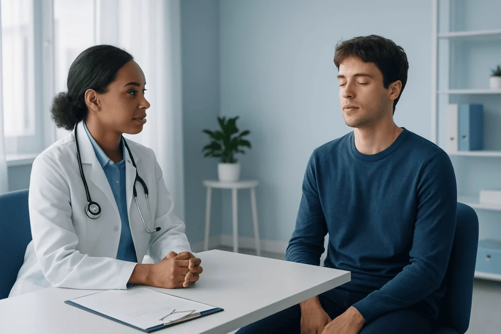 Doctor consulting with a patient in a modern medical office.