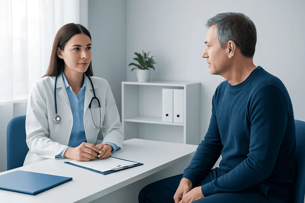 Doctor consulting with a patient in a medical office setting.