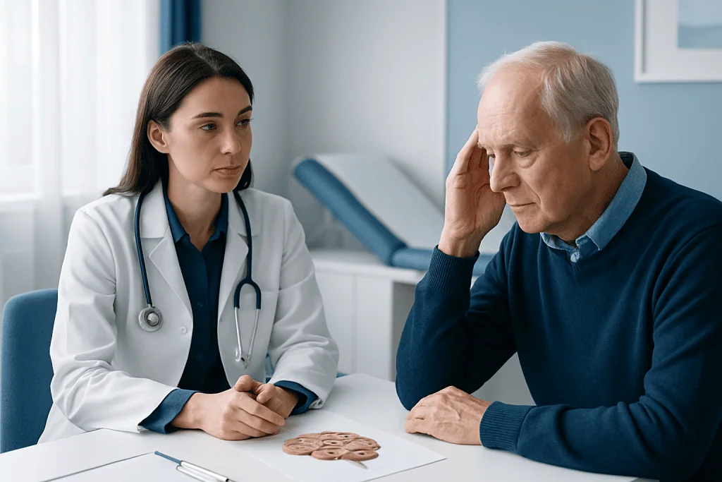 Doctor consulting with an elderly patient about neurological health.