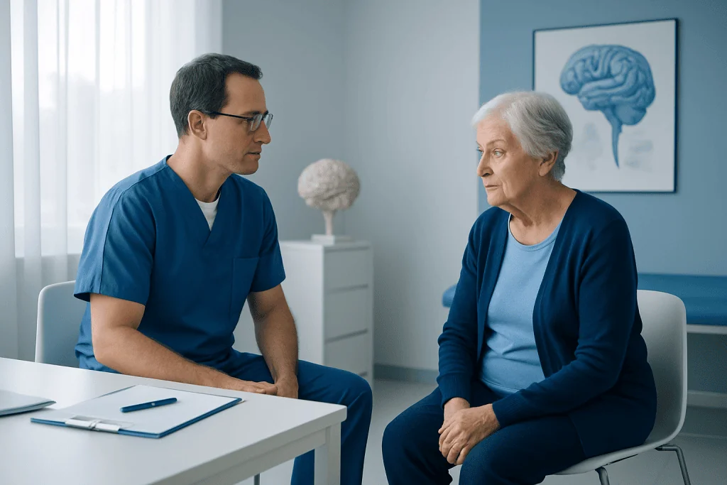 Doctor consulting with elderly woman about neurological health in clinic.