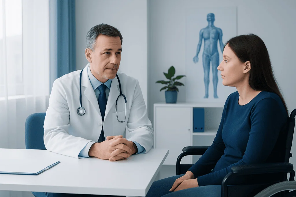Doctor consulting a patient about neuromuscular health in a clinical setting.