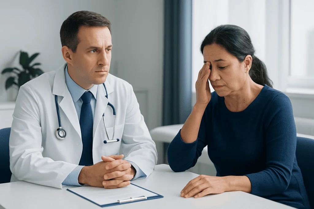 Doctor consulting with a woman experiencing eye issues at a hospital.