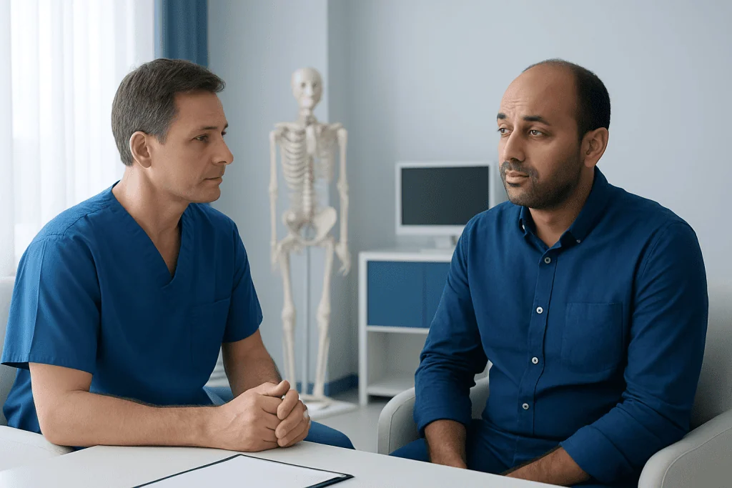 Doctor consulting with patient about eye health in a medical office.