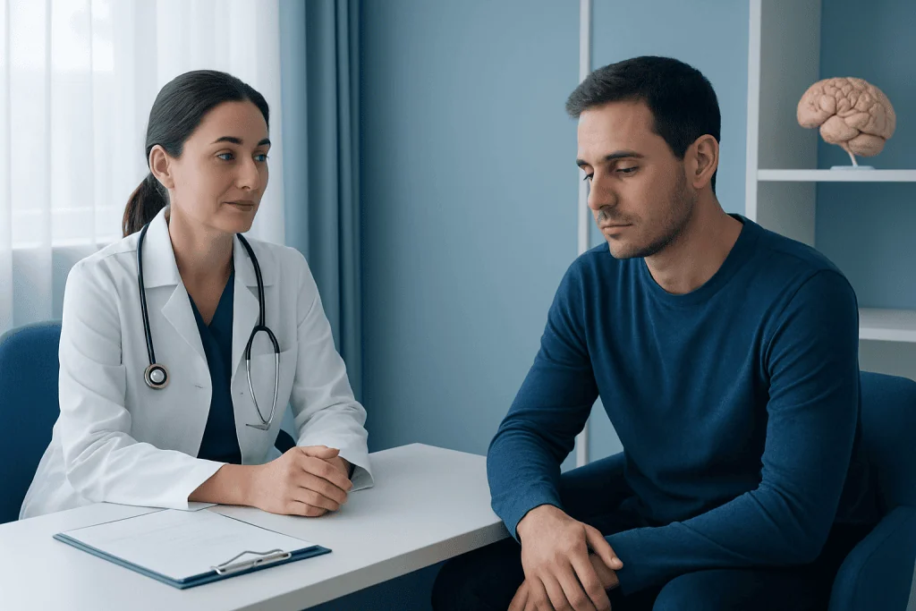 Doctor consulting patient about neurological sleep disorders at clinic.