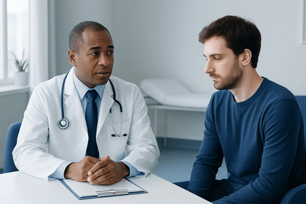 Doctor consulting with a patient in a medical office setting.