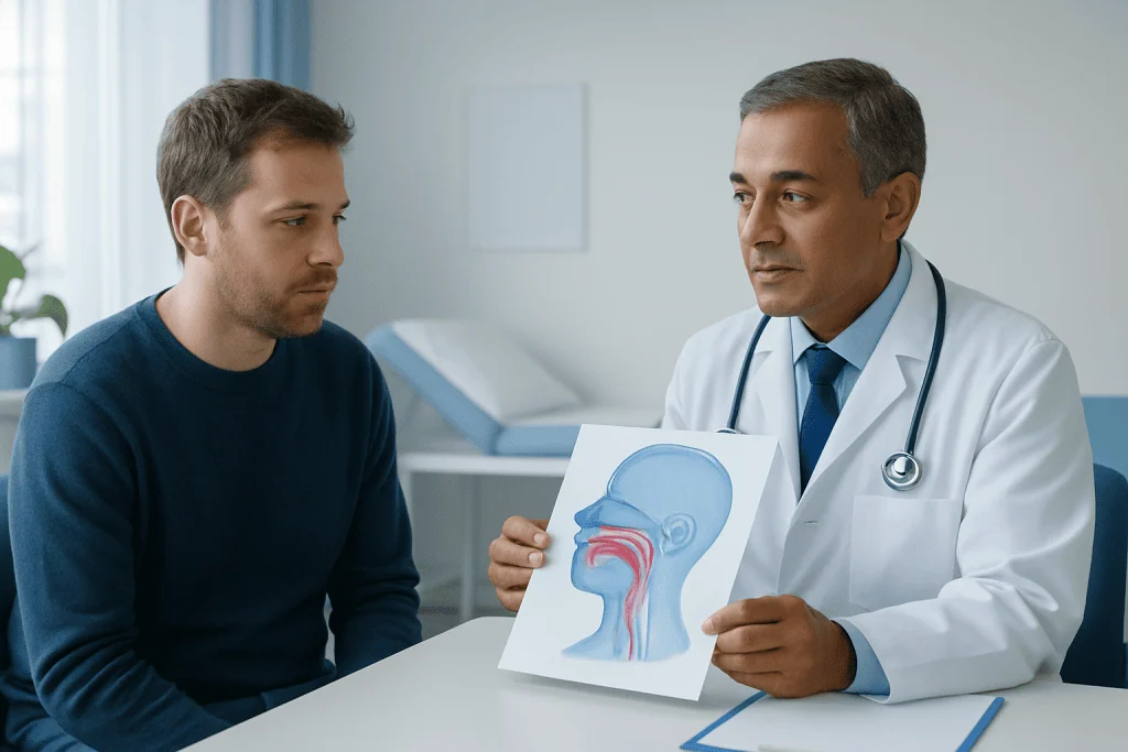 Doctor explaining sleep apnea diagram to patient in consultation room.