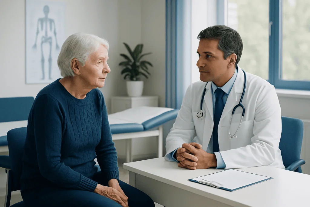Doctor consulting with elderly woman in a medical office.